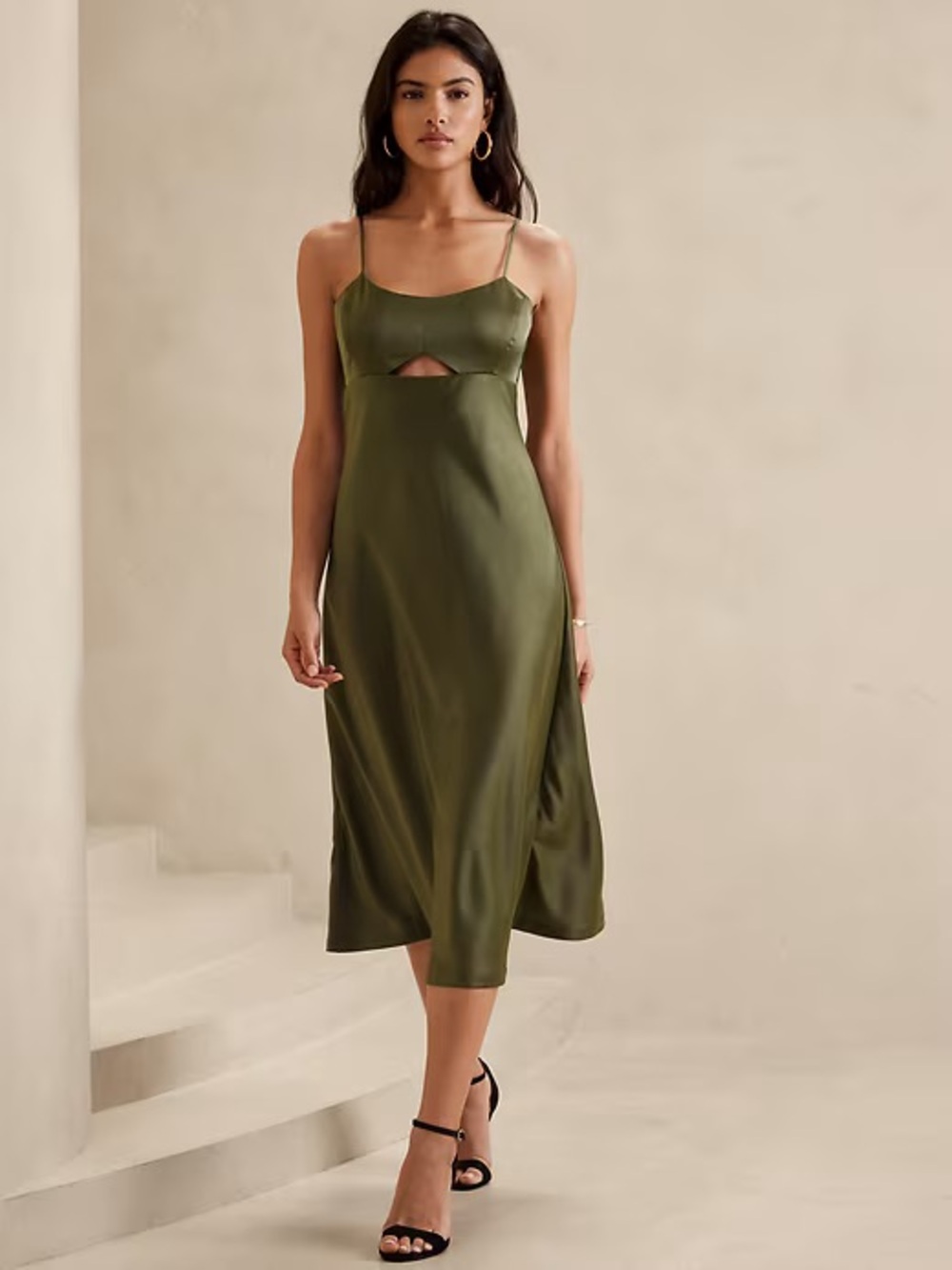 Banana Republic Olive Green Satin Slip Dress with Cutout